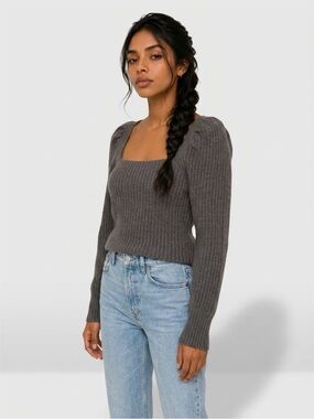 VENUS Ribbed Square-Neck Sweater - Charcoal Gray
